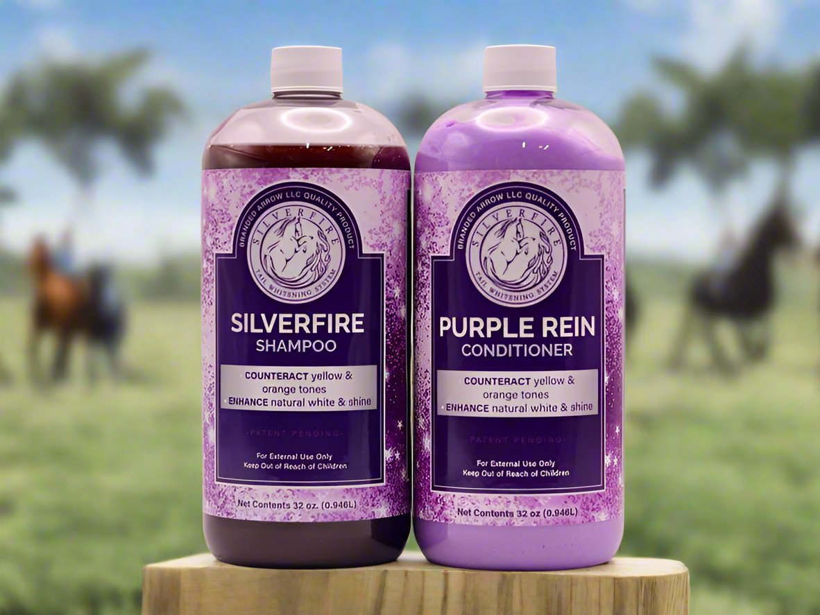 Silverfire and Purple Rein Mane Shampoo set featuring a 32 ounce bottle of Silver Fire Shampoo and Purple Rein Conditioner. The bottles are designed for optimal equine grooming, promoting shiny and healthy manes.